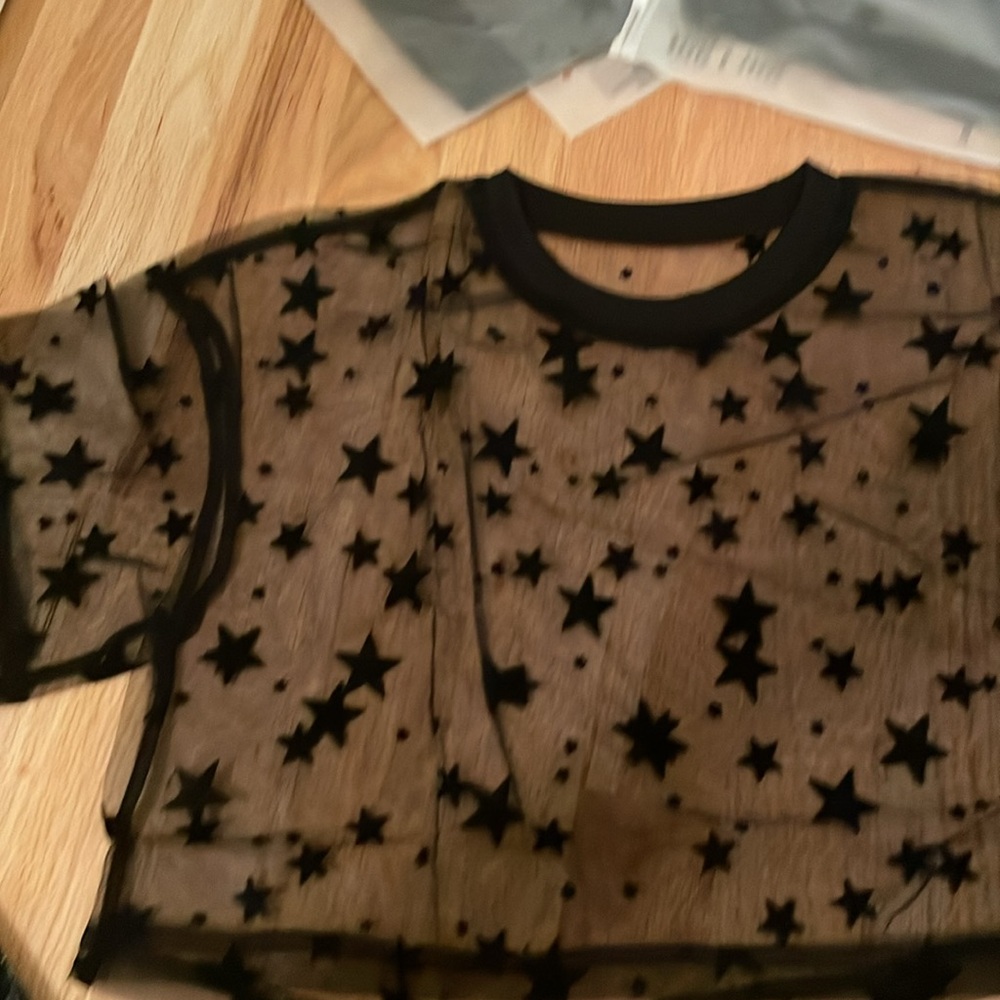 Black Graphic Mesh Crop Top with Short Sleeves 2 for 1 deal $5 - Picture 6 of 8